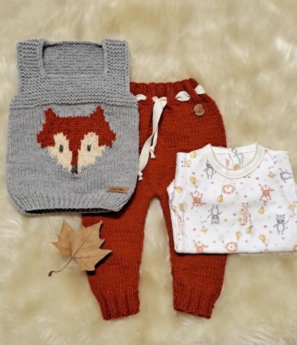 ajuar tejido a mano en lana hipoalergénica de pantalón, gorro y chaleco zorrito con conjunto de algodón pima