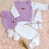 Ajuar de Chaleco y Gorro con Trenzas Tejido a Mano en Lana Hipoalergénica con Conjunto de Algodón
