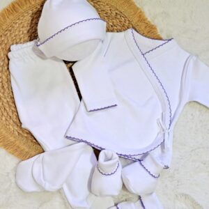 ajuar picot de 5 prendas – algodón blanco con detalles morado