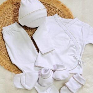 ajuar picot de 5 prendas – algodón blanco con detalles beige