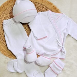 ajuar picot de 5 prendas – algodón blanco con detalles rosa