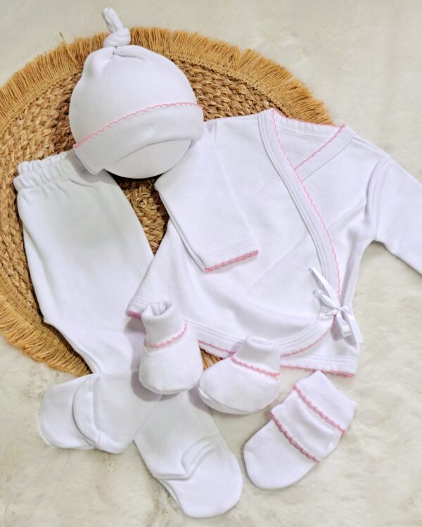 ajuar picot de 5 prendas – algodón blanco con detalles rosa