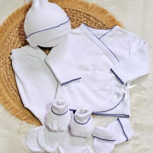 ajuar picot de 5 prendas – algodón blanco con detalles azul