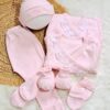 ajuar voladitos de 6 prendas – algodón rosado con detalles de puntilla