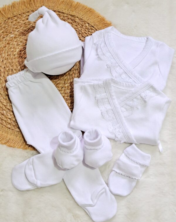 ajuar voladitos de 6 prendas – algodón blanco con detalles de puntilla