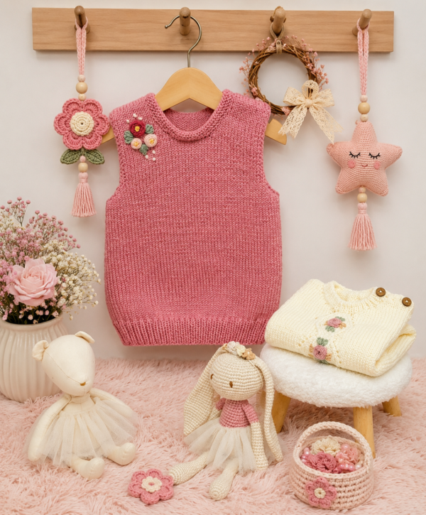 chaleco tejido y bordado a mano en lana hipoalergénica