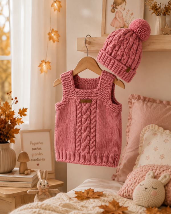 conjunto chaleco y gorro ochos rosa viejo conjunto chaleco y gorro ochos rosa viejo