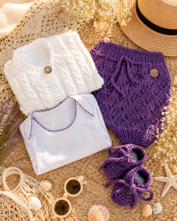 conjunto de short, saco y zapatitos tejidos a mano en hilo de algodón con body de algodón conjunto de short, saco y zapatitos tejidos a mano en hilo de algodón con body de algodón