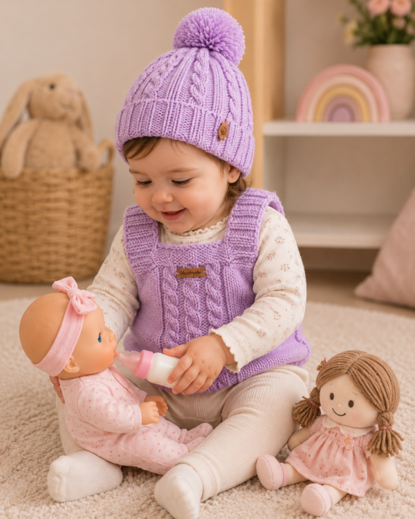 chaleco y gorro ochos lila