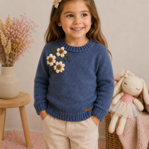 conjunto de jardinero y sweater con guarda de jacquard, tejidos a mano en lana hipoalergénica