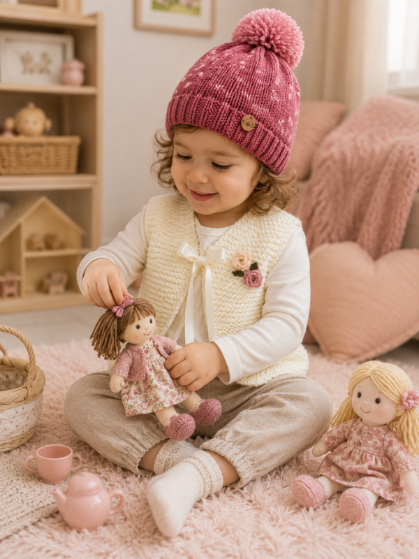 conjunto de chaleco rositas y gorro con pintitas