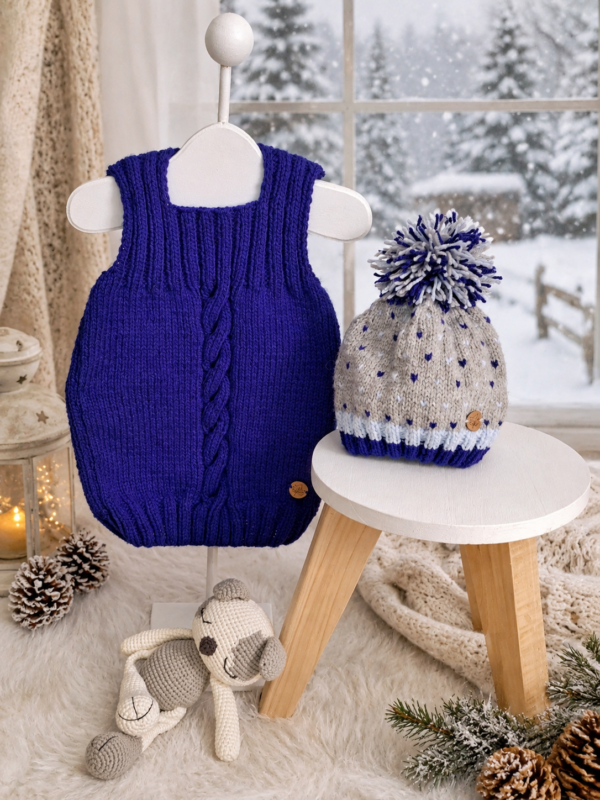 conjunto de chaleco y gorro pintitas