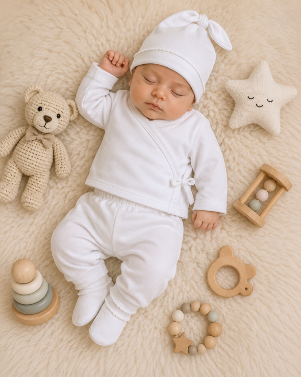ajuar picot de 5 prendas – algodón blanco con detalles beige
