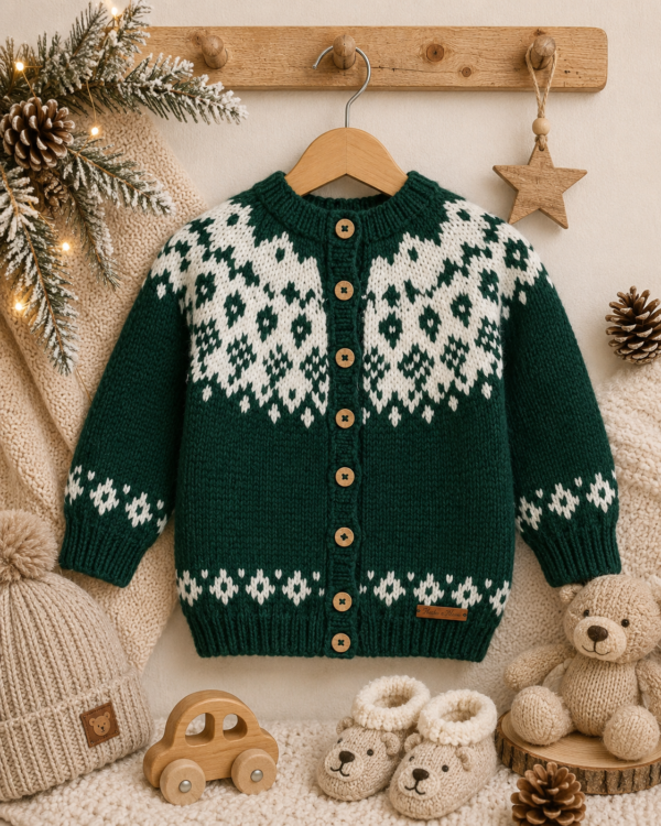 saco con canesú bordado y guarda de jacquard, tejido a mano con lana hipoalergénica saco con canesú bordado y guarda de jacquard, tejido a mano con lana hipoalergénica