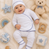 ajuar picot de 5 prendas – algodón blanco con detalles azul