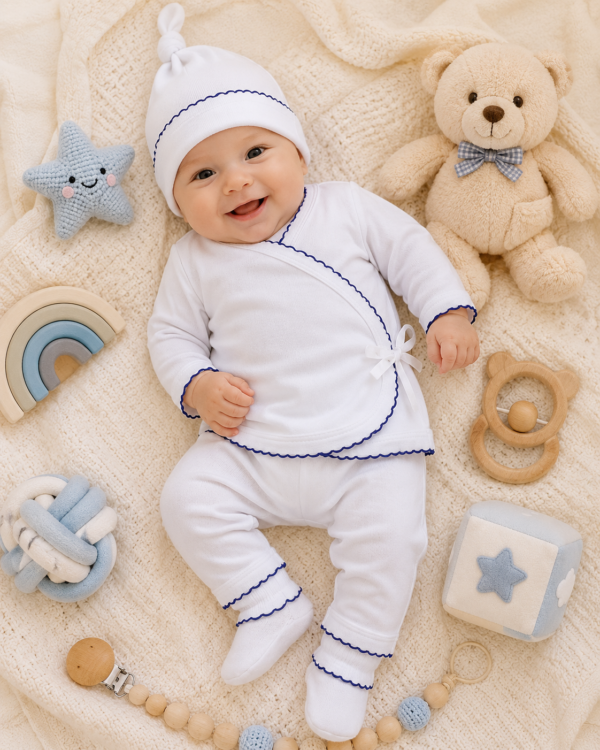 ajuar picot de 5 prendas – algodón blanco con detalles azul