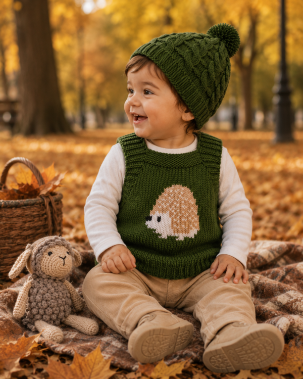 conjunto de chaleco animalito y gorro ochos
