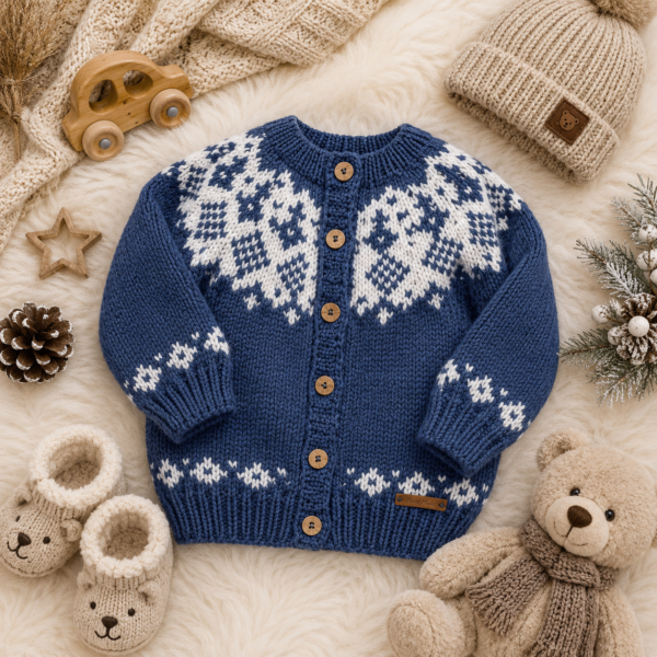 saco con canesú bordado y guarda de jacquard, tejido a mano con lana hipoalergénica saco con canesú bordado y guarda de jacquard, tejido a mano con lana hipoalergénica