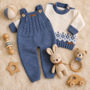 conjunto de jardinero y sweater con guarda de jacquard, tejidos a mano en lana hipoalergénica conjunto de jardinero y sweater con guarda de jacquard, tejidos a mano en lana hipoalergénica