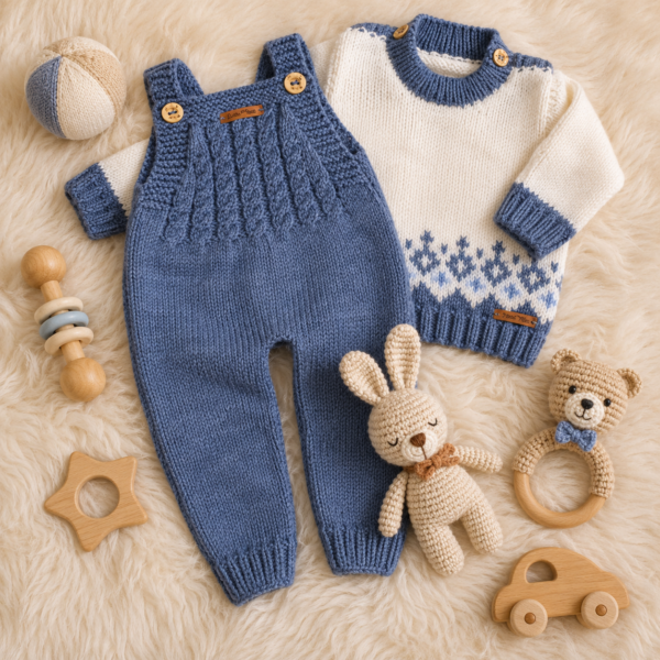 conjunto de jardinero y sweater con guarda de jacquard, tejidos a mano en lana hipoalergénica conjunto de jardinero y sweater con guarda de jacquard, tejidos a mano en lana hipoalergénica