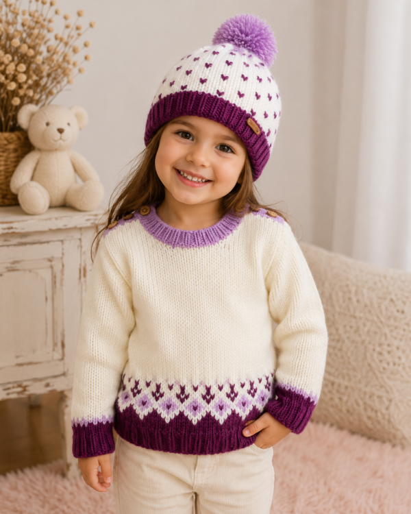 conjunto de sweater y gorro con guarda de jacquard