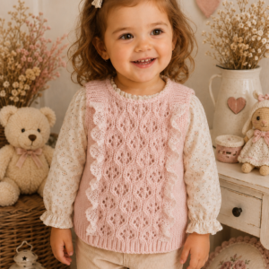 chaleco vintage calado rosa pastel