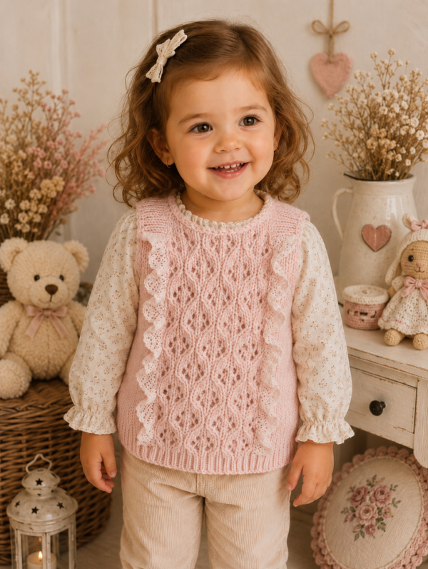 chaleco vintage calado rosa pastel