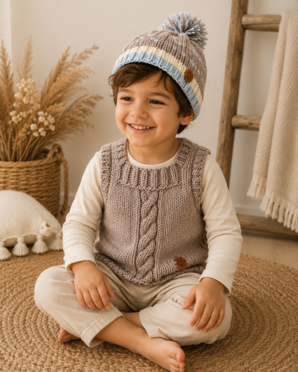 conjunto de chaleco y gorro con pintitas