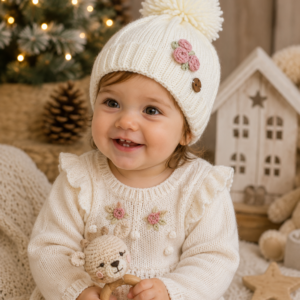 gorro con rositas bordadas, tejido a mano con lana hipoalergénica