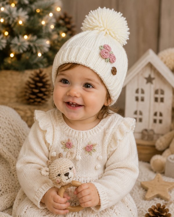 gorro con rositas bordadas, tejido a mano con lana hipoalergénica