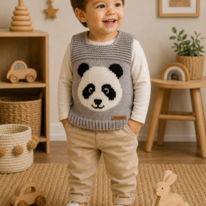 conjunto de jardinero y sweater con guarda de jacquard, tejidos a mano en lana hipoalergénica
