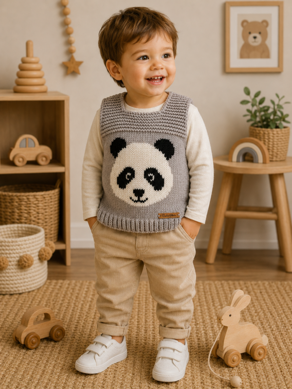 conjunto de jardinero y sweater con guarda de jacquard, tejidos a mano en lana hipoalergénica