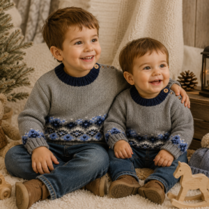 sweater con guarda de jacquard tejido a mano con lana hipoalergénica