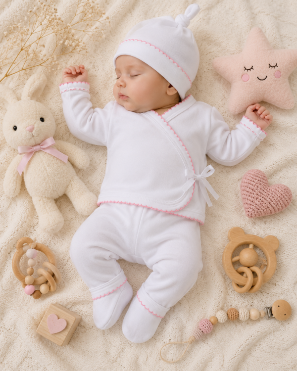 ajuar picot de 5 prendas – algodón blanco con detalles rosa ajuar picot de 5 prendas – algodón blanco con detalles rosa