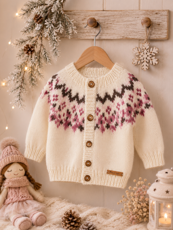 saco con canesú bordado y guarda de jacquard, tejido a mano con lana hipoalergénica saco con canesú bordado y guarda de jacquard, tejido a mano con lana hipoalergénica
