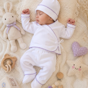 ajuar picot de 5 prendas – algodón blanco con detalles morado
