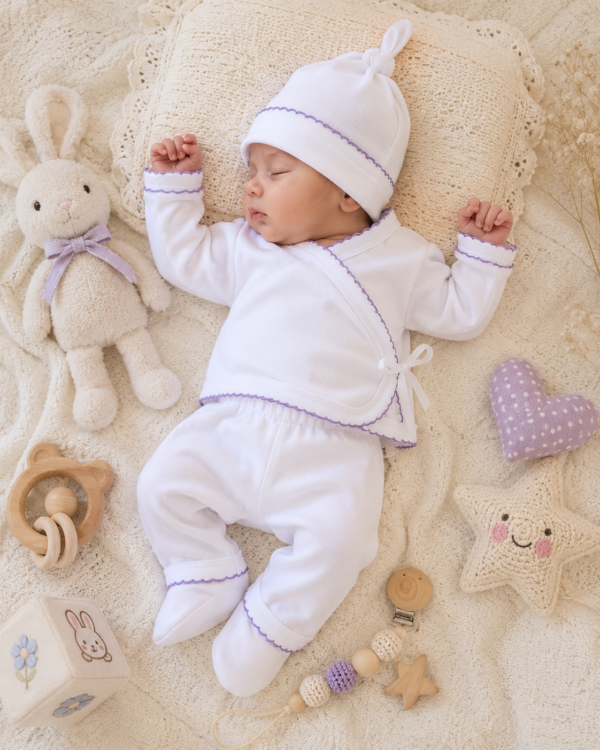 ajuar picot de 5 prendas – algodón blanco con detalles morado