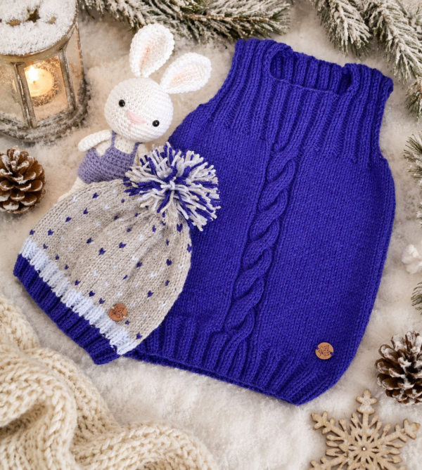 conjunto de chaleco y gorro pintitas