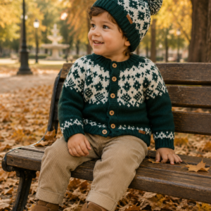 conjunto con guarda jacquard de saco y gorro tejidos a mano con lana hipoalergénica conjunto con guarda jacquard de saco y gorro tejidos a mano con lana hipoalergénica