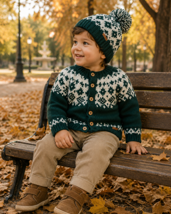conjunto con guarda jacquard de saco y gorro tejidos a mano con lana hipoalergénica conjunto con guarda jacquard de saco y gorro tejidos a mano con lana hipoalergénica