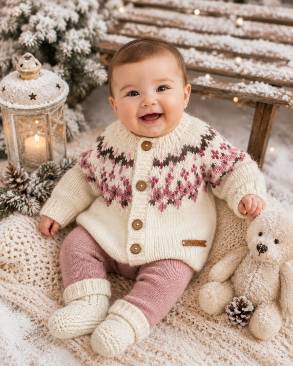 saco con canesú bordado y guarda de jacquard, tejido a mano con lana hipoalergénica saco con canesú bordado y guarda de jacquard, tejido a mano con lana hipoalergénica