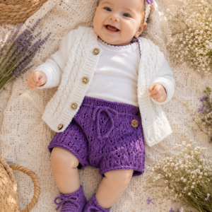 conjunto de short, saco y zapatitos tejidos a mano en hilo de algodón con body de algodón conjunto de short, saco y zapatitos tejidos a mano en hilo de algodón con body de algodón