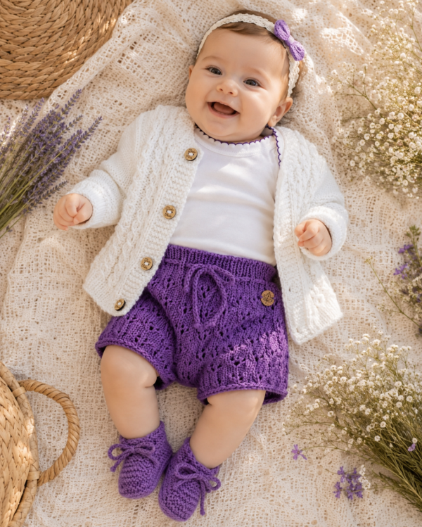 conjunto de short, saco y zapatitos tejidos a mano en hilo de algodón con body de algodón conjunto de short, saco y zapatitos tejidos a mano en hilo de algodón con body de algodón