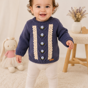 sweater con puntilla y rositas bordadas, tejido y bordado a mano en lana hipoalergénica