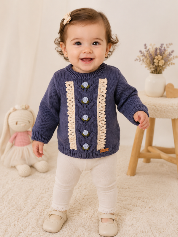 sweater con puntilla y rositas bordadas, tejido y bordado a mano en lana hipoalergénica sweater con puntilla y rositas bordadas, tejido y bordado a mano en lana hipoalergénica