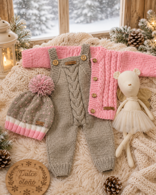 conjunto de jardinero, saco y gorro pintitas tejidos a mano en lana hipoalergénica conjunto de jardinero, saco y gorro pintitas tejidos a mano en lana hipoalergénica