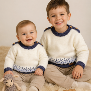 sweater con guarda de jacquard tejido a mano con lana hipoalergénica