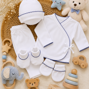 ajuar picot de 5 prendas – algodón blanco con detalles azul