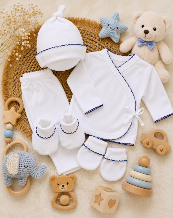 ajuar picot de 5 prendas – algodón blanco con detalles azul