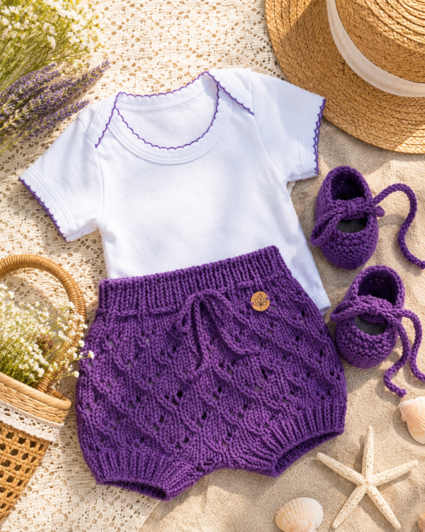 conjunto de short, saco y zapatitos tejidos a mano en hilo de algodón con body de algodón conjunto de short, saco y zapatitos tejidos a mano en hilo de algodón con body de algodón